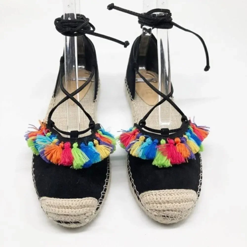 SCHUTZ Asha Black Suede Tassel Flat Espadrille